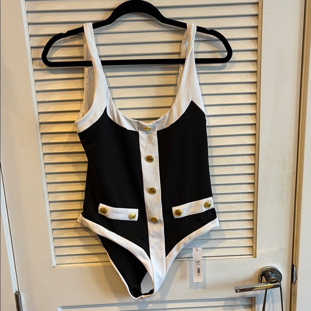 Stylish Black and White Buttoned Swimsuit